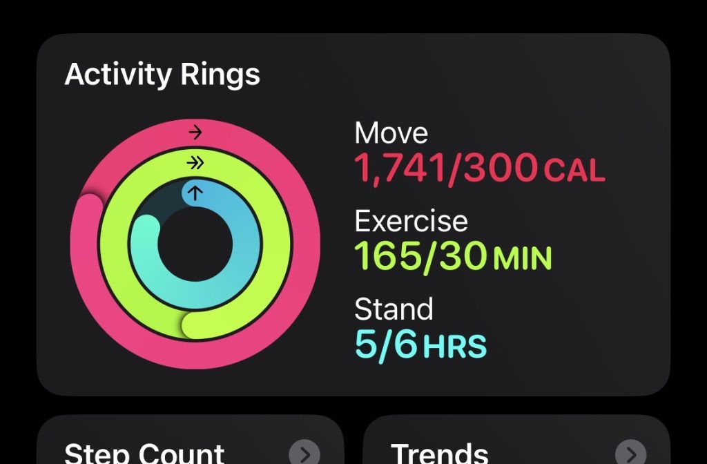 Screenshot from the Apple Fitness app showing the Activity Rings section.